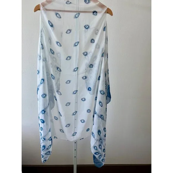 Sheer Cardigan OS Peacock Feather Print Sleeveless Boho Whimsical Beachy Coastal - Picture 5 of 11